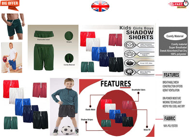 Boys Girls & Adults Shadow Stripe School Sports Football Rugby PE Shorts